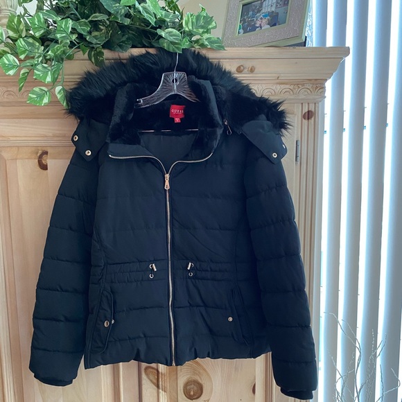 Guess Jackets & Blazers - Guess NWOT fur hooded bomber jacket Sz XL. Cozy and warm excellent condition $50